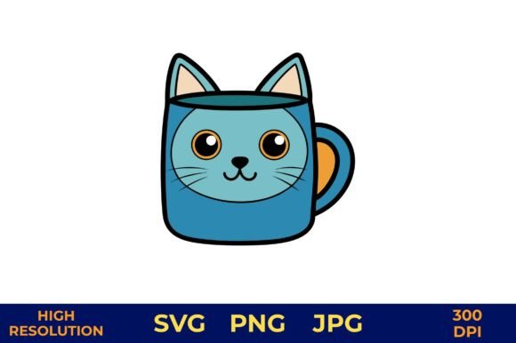 Blue Mug with Cheerful Cat Vector Art
